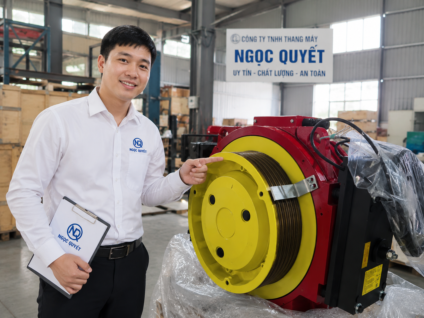 Kỹ sư thang máy Ngọc Quyết giới thiệu bộ tời kéo thang máy công nghiệp màu đỏ vàng trong xưởng sản xuất